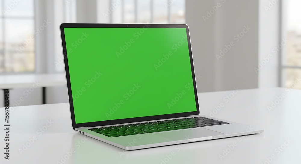 Modern silver laptop with bright green screen sits on a white table in a minimalist office. Modern silver laptop with bright green screen sits on a white table in a minimalist office.