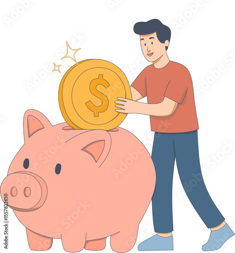 Man saving money with piggy bank, flat vector illustration