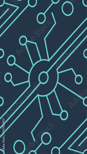 Repeating vertical tech pattern with nodes and connecting lines on dark background. Great for interface backgrounds, presentations, mobile apps, or tech branding.