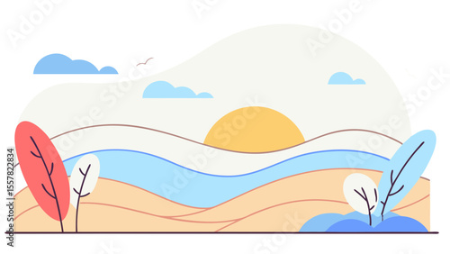 Soft background with sunrise, clouds, and abstract rolling hills in pastel tones. Ideal for eco-friendly visuals, travel blogs, meditation apps, and storytelling media.