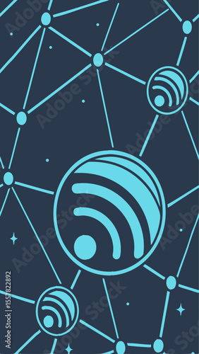 Wi-Fi symbol in a network of glowing nodes and spheres. Ideal for internet provider ads, tech service presentations, network illustrations, and wireless communication visuals.