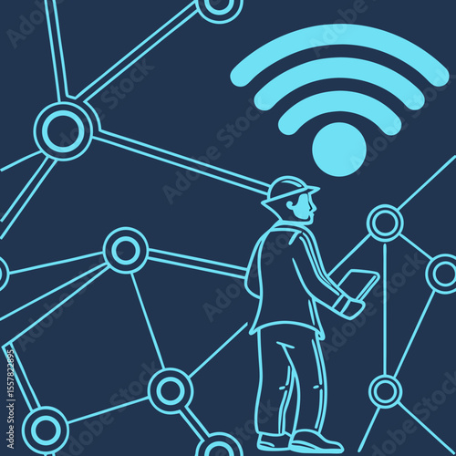 background of a person using a laptop with a large Wi-Fi icon and digital grid. Perfect for tech blogs, remote work visuals, internet services, and innovation campaigns.