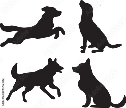Silhouette Collection Four Canine Poses -  Vector Art