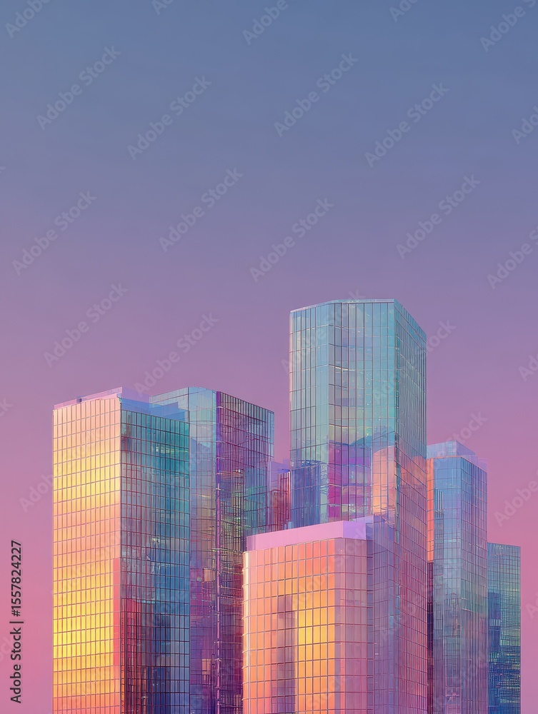 Obraz premium Abstract architectural design featuring colorful glass structures towering against a gradient sky