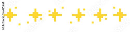Pixel shine star icons. Sparkling retro stars in 8-bit style