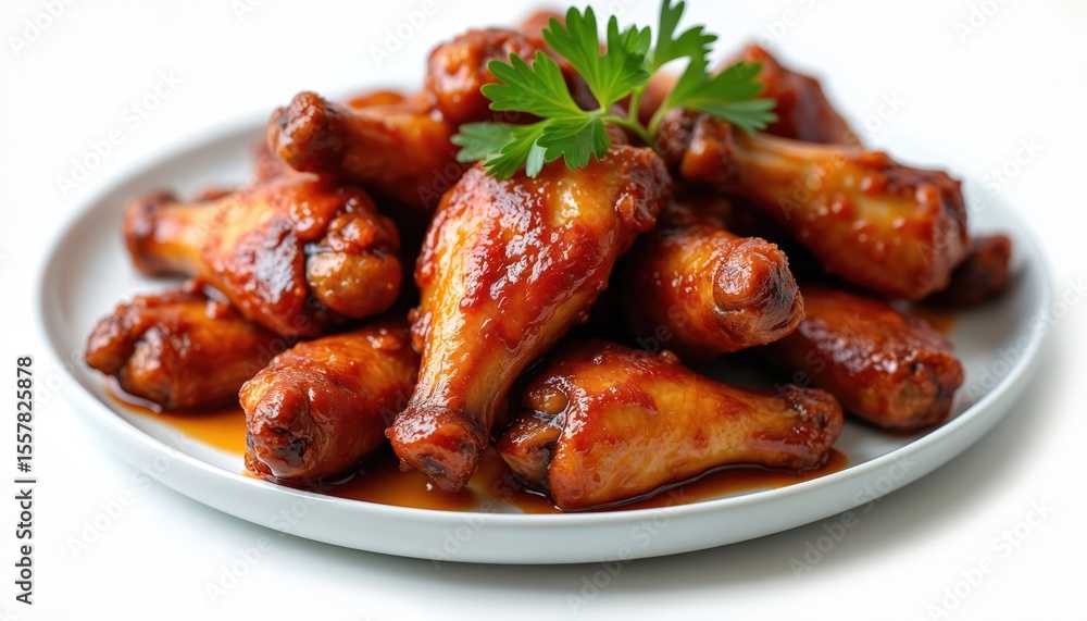 Pile of tasty chicken wings on white plate. Cooked wings with glaze. Food photography, restaurant menu photo. Served with parsley garnish on the white plate, on white background, ready to eat. Pile of tasty chicken wings on white plate. Cooked wings with glaze. Food photography, restaurant menu photo. Served with parsley garnish on the white plate, on white background, ready to eat.