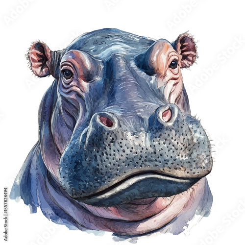 Hippopotamus Close Up, watercolor painting vector, isolated on a white background.