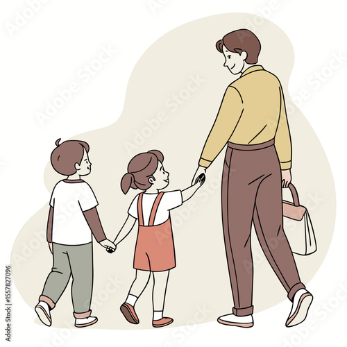 Happy Family Illustration with Parents and Two Young Children Outdoors – Cartoon Style