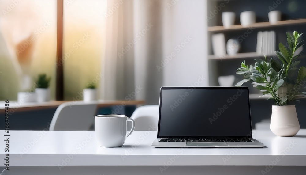 custom made wallpaper toronto digitalblurred modern home office interior with a laptop and coffee cup on a white table suitable for banner design