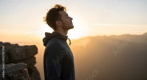 Man Meditating at Sunrise on Mountaintop Finding Peace and Serenity