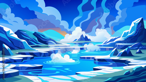 Steamy milky waters blend into lava rocks, blue and white contrasts vivid yet soft. Snow in distance, modern spa lines fade into mist, calm atmosphere of warmth and cold.

