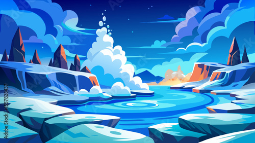 Steamy milky waters blend into lava rocks, blue and white contrasts vivid yet soft. Snow in distance, modern spa lines fade into mist, calm atmosphere of warmth and cold.

