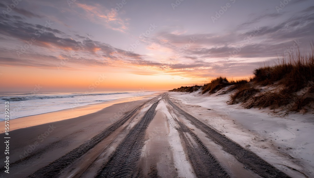 Fototapeta premium A wide sandy beach stretches out towards the horizon under a sky filled with soft pink and orange hues at sunset