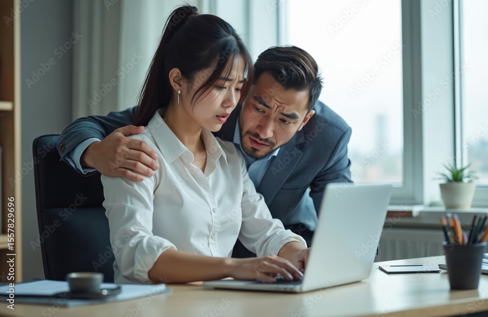 Asian woman molested by man in office. Businessman touches female colleague shoulder. Sexual harassment at workplace concept. Uncomfortable, angry, unhappy, rejected emotions. Gender inequality, Asian woman molested by man in office. Businessman touches female colleague shoulder. Sexual harassment at workplace concept. Uncomfortable, angry, unhappy, rejected emotions. Gender inequality,