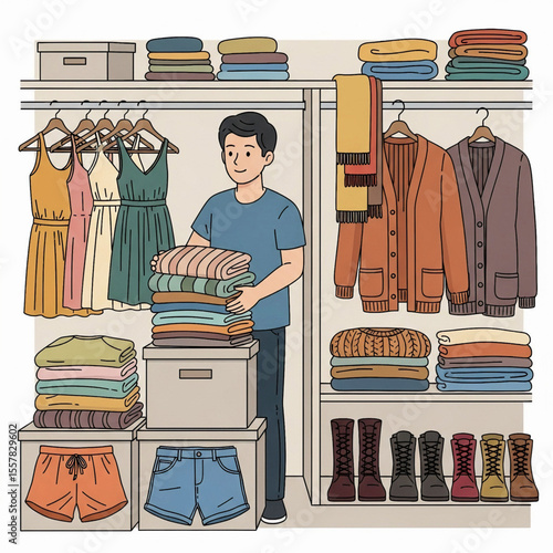 Vector man organizing clothes in full closet scene 