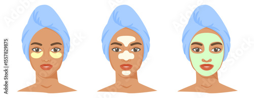 Different cosmetic products set. T-zone strips, clay or sheet mask, eye patches. Black woman with towel on head. Vector illustration