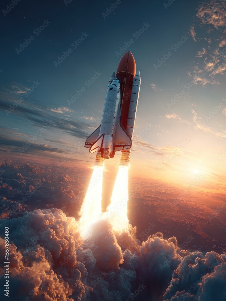 Obraz premium New space rocket lift off. Space shuttle with smoke and blast takes off into space on a background of blue planet earth with amazing sunset. Successful start of a space mission. Travel to Mars
