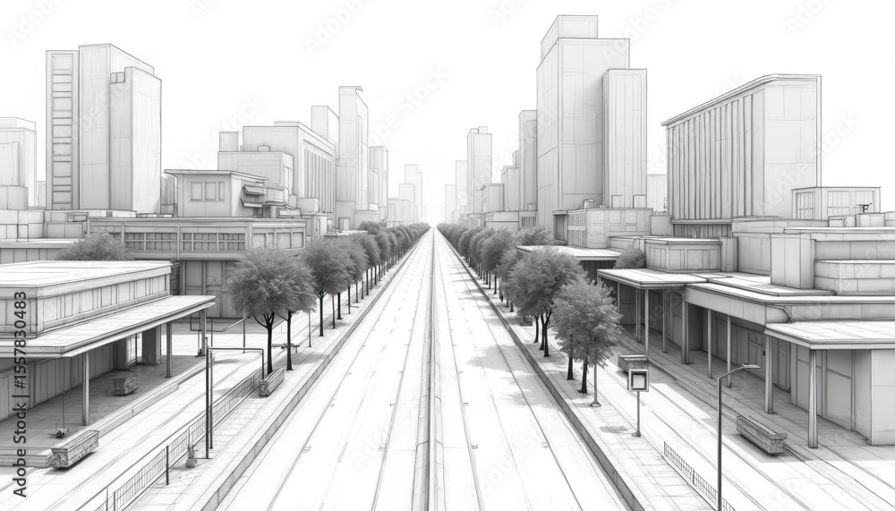 Fototapeta premium Line drawing of modern urban landscape with buildings, avenue. Contemporary architecture concept. Perspective view of city skyline, with residential, commercial buildings. Monochrome urban design