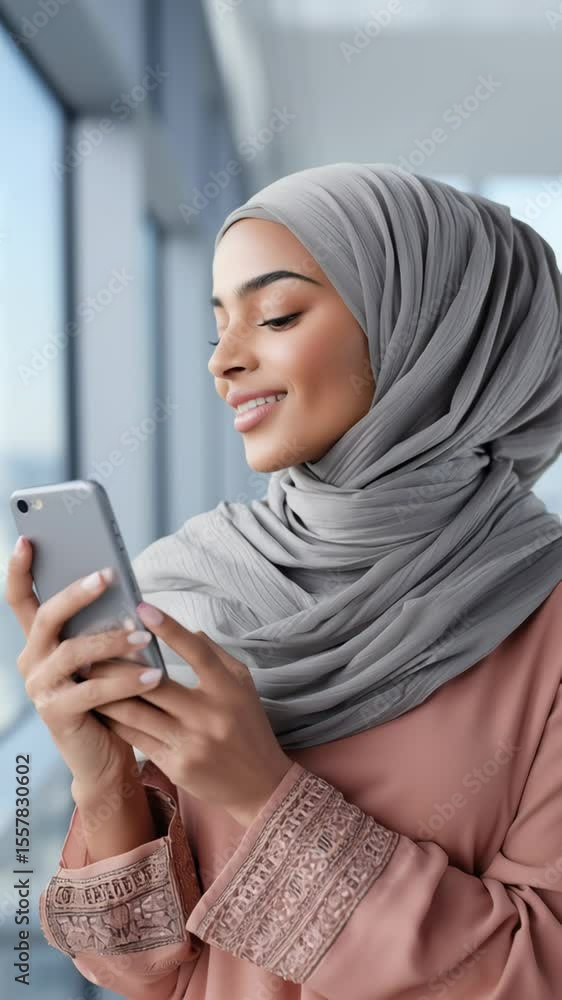 Muslim Woman wearing a scarf is smiling while looking at her cell phone. She is holding the phone in her right hand Muslim Woman wearing a scarf is smiling while looking at her cell phone. She is holding the phone in her right hand