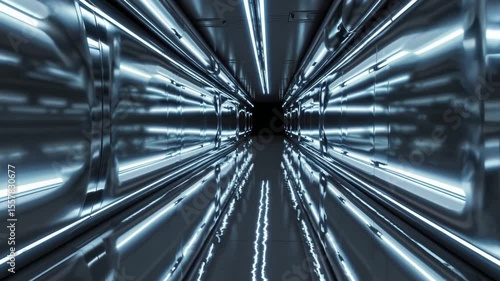 Metallic corridor reflecting blue lights in dark interior