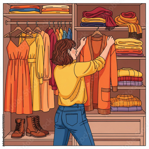Vector woman choosing jacket in full wardrobe scene 