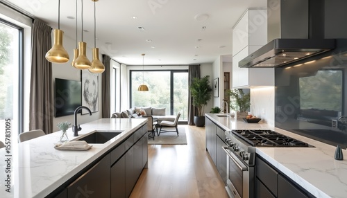 Modern kitchen interior with spacious design, marble countertops, sleek black cabinets. Gold pendant lights illuminate island, modern appliances, open space concept, home decor. Contemporary
