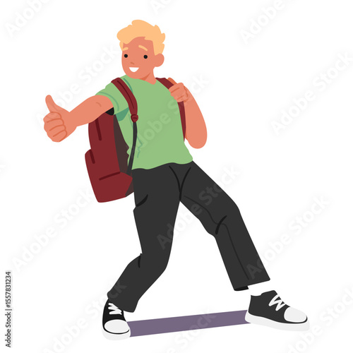 Smiling joyful schoolboy cartoon character showing thumbsup beaming enthusiasm isolated on white
