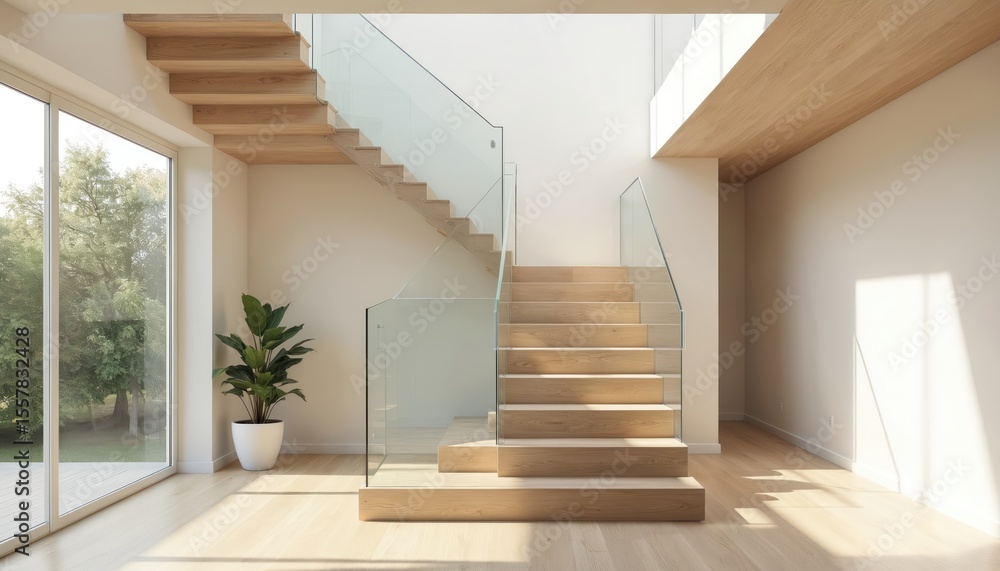 Fototapeta premium Modern minimalist interior design staircase with glass railings floating wooden steps. Contemporary style, safety, comfort, space. Natural light, perfect for real estate promo, home decor,