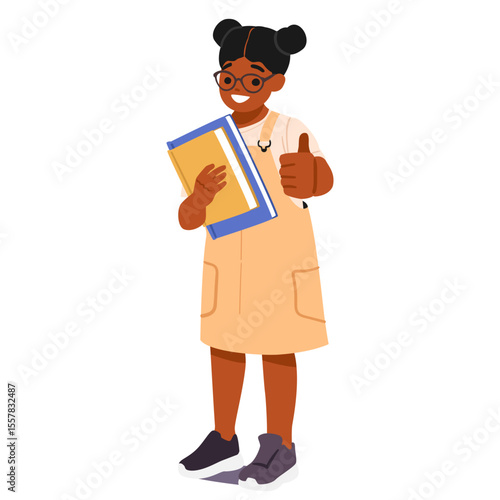 Cute curious girl nerd schoolchild cartoon character showing thumbsup isolated on white background