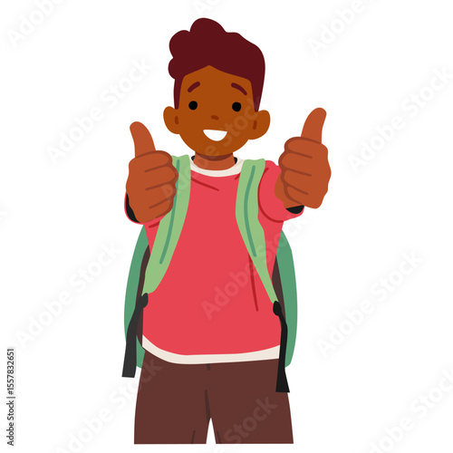 Satisfied schoolboy cartoon character gesturing thumbsup feeling motivation to learning process