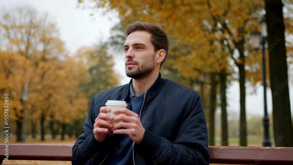 Man enjoying coffee on park bench amid autumn foliage Man enjoying coffee on park bench amid autumn foliage