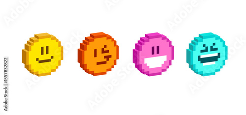 3D Pixel Art emotions icons in 8-bit retro video game style. Funny smiling emotions faces set in y2k style. Editable vector graphics with 3d effect