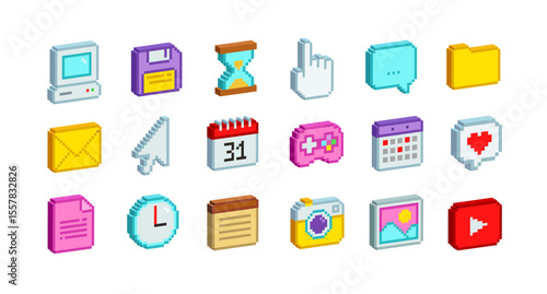 3D graphics icons in 90's Pixel art aesthetics. Simple pixel office items icons. PC icons set in retro 8-bit game of: cursor, chat message, floppy disk, notice, etc.  Editable vector in 3D style 