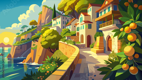 Houses cascade along cliffs kissed by light, lemon trees in bloom, gentle Mediterranean sun casting rich warmth. Water sparkles far below, stone paths wind through blooming gardens.

