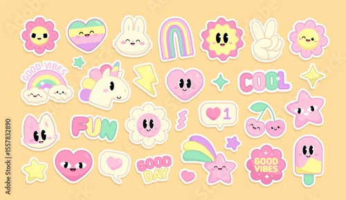 Very cute pastel stickers pack in kawaii style. Pony Unicorn and funny Cat Unicorn with kawaii emoticons: bunny, fulling star, rainbow, heart, happy icons set. Cute stickers in 90's retro stye
