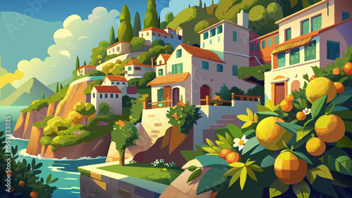 Houses cascade along cliffs kissed by light, lemon trees in bloom, gentle Mediterranean sun casting rich warmth. Water sparkles far below, stone paths wind through blooming gardens.

