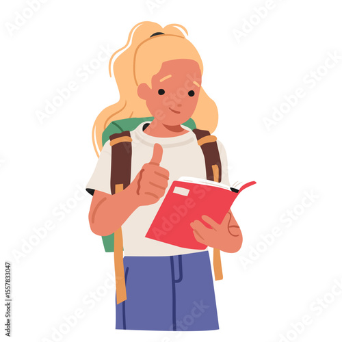 Schoolgirl cartoon character reading paper textbook showing thumbsup portrait isolated on white