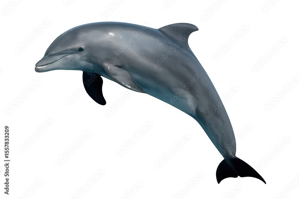 Fototapeta premium Playful marine mammal leaping against clean white backdrop, showcasing sleek body and dynamic motion