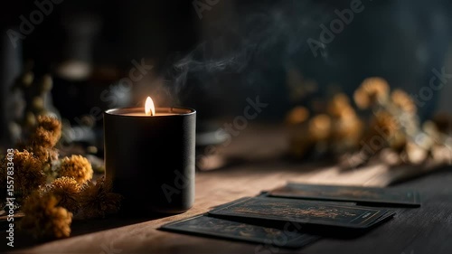 Candlelight creates calming atmosphere with tarot cards and flowers in a cozy setting