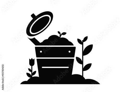 Black Silhouette Illustration of Compost Bin with Seedling and Blossoming Plant Growing