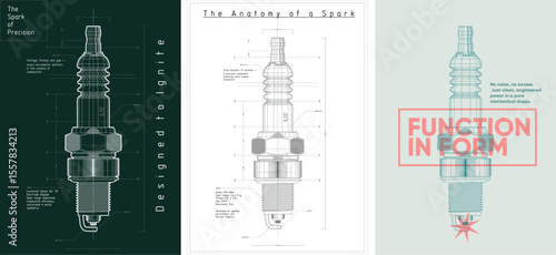 A poster featuring a spark plug drawn as a mechanical blueprint. Every thread, gap, and curve mapped with technical precision—ignition power visualized in pure geometric detail.