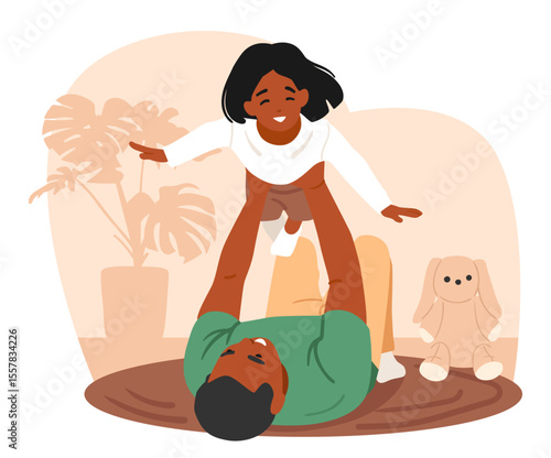 Father raising his playful laughing daughter child while spending time together cartoon scene