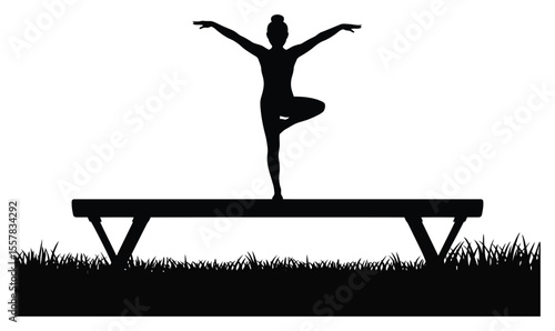 Black Silhouette of Gymnast on Balance Beam in Tree Pose on Grass Patch