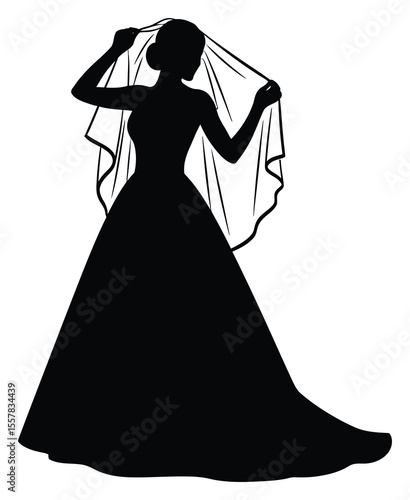 Elegant Bride Silhouette in Flowing Gown Adjusting Veil, Wedding Icon Design
