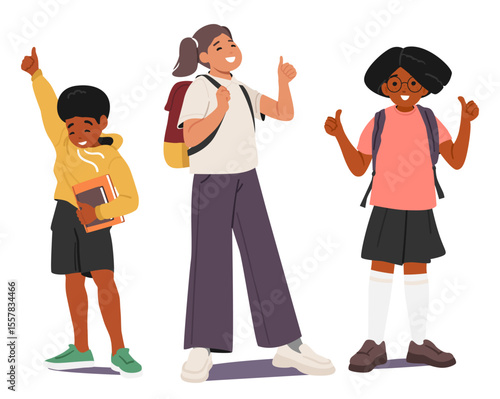 Schoolchildren of different age feeling positive gesturing thumbsup ready to school isolated set
