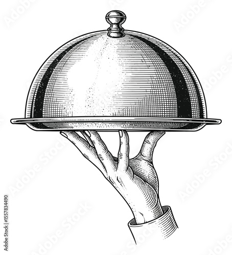 Engraved Illustration of a Hand Holding a Covered Silver Serving Tray for Food