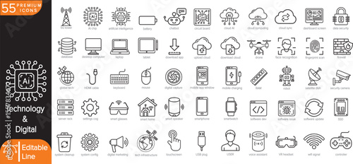 55 Vector Icons of Technology & Digital – Clean Minimal Line Icons of Devices, AI, Cloud, Data, Network, and Innovation for UI, Infographics, App Design, Fintech, or Stock Vector Use