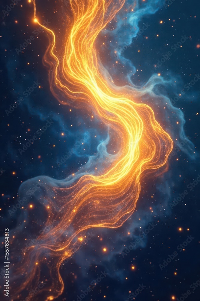 Abstract swirling gold and blue light beams, cosmic energy , gold, streak, stars Abstract swirling gold and blue light beams, cosmic energy , gold, streak, stars