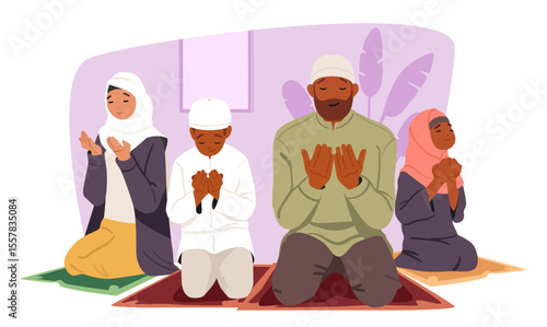 Muslim family characters praying to god sitting on floor raising palms to Allah in Ramadan at home
