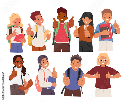 Set of isolated portraits with happy smiling schoolchildren cartoon characters giving thumbsup